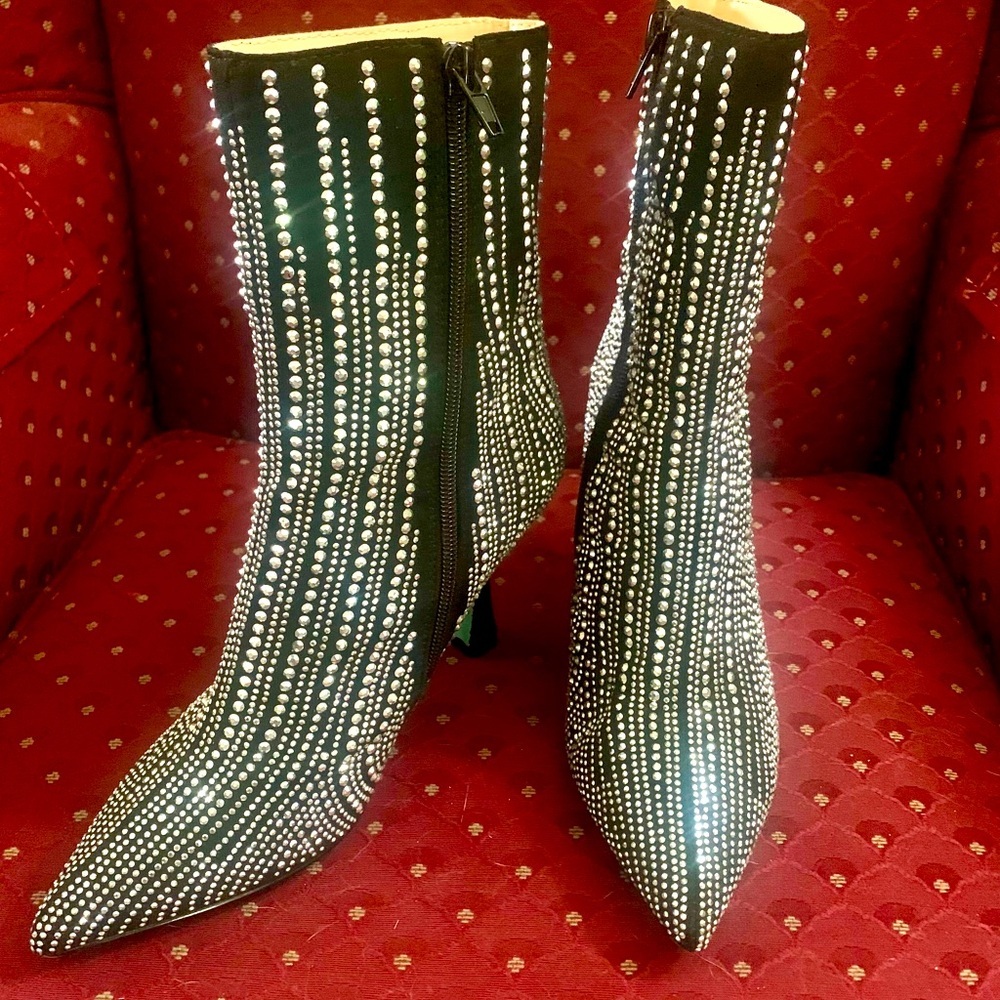 Betsey Johnson Jiny Black Pointed Boots With Rhinestone Bling.